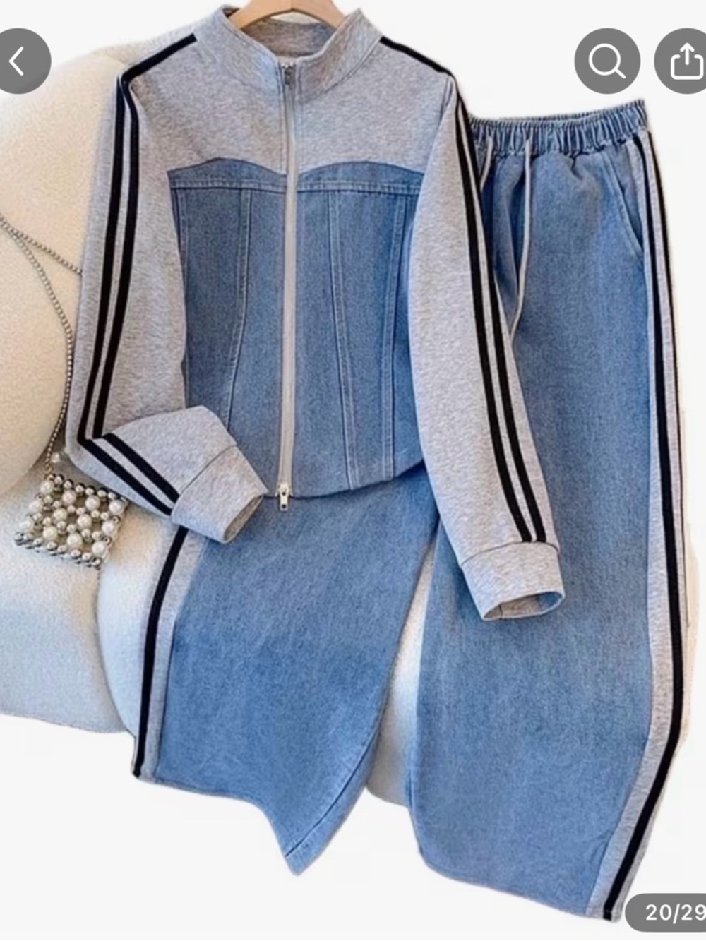 Grey and Light Blue Denim-Panel Tracksuit Jacket and Pant Set